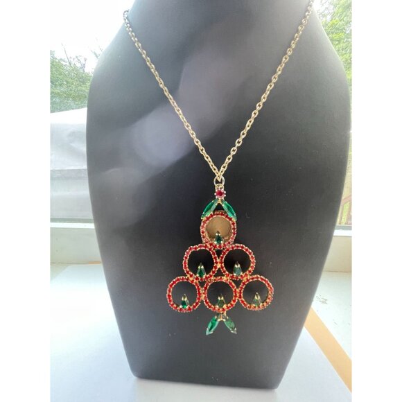 Vintage Rhinestone Christmas Tree Pendant Necklace With Gold-Tone Chain & Red/Gr - Picture 10 of 16